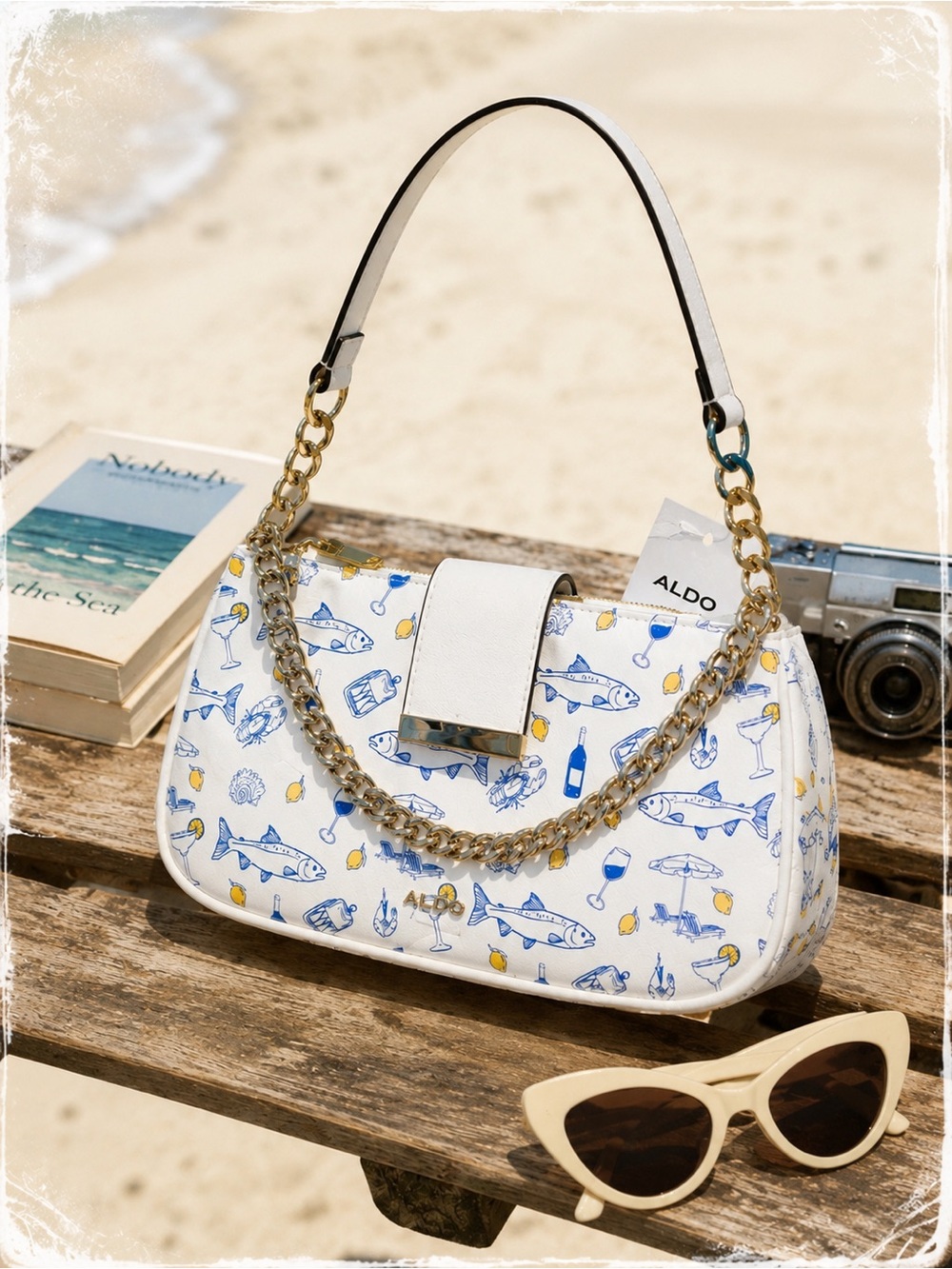 * Young and trendy look ,Aldo White Shoulder Bag wh Blue & Yellow Nautical Print